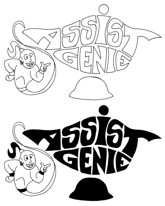Two versions of the same logo – the top one in outline and the bottom one in black & white – showing a genie coming out of the words “Assist Genie” in the shape of a magic lamp.