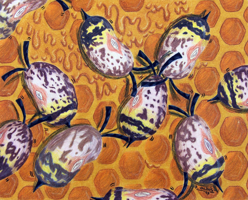 Color pencil art drawing of pinto bean and honey bee hybrids swarming on a honeycomb dripping with honey.
