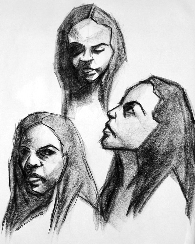 Three charcoal art portrait drawings of a woman drawn in black and white from three different angles.