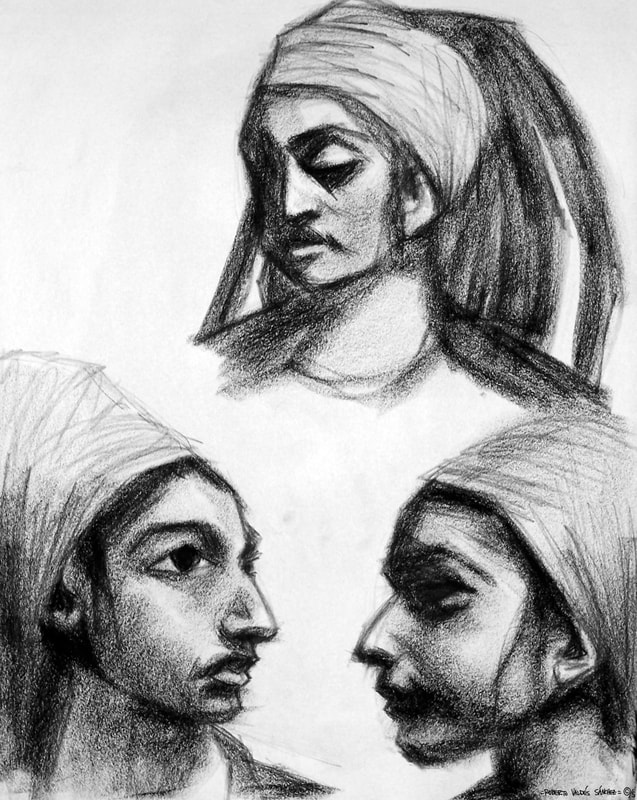 Three charcoal art portrait drawings of a young woman drawn in black and white from three different angles.