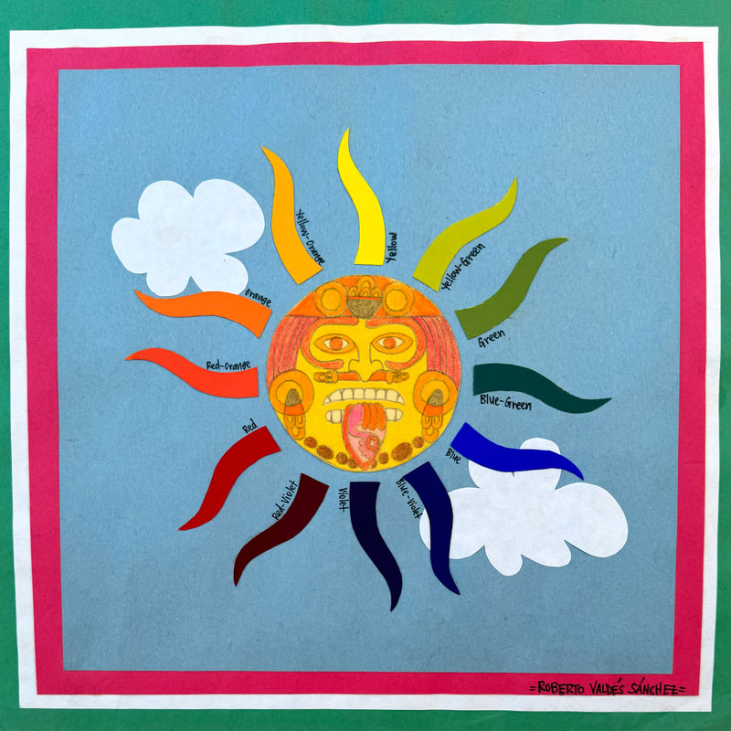 A mixed media color chart (created with construction paper, acrylic paint, color pencil, and pen) depicting the Mexica (Aztec) sun god - Tonatiuh - in the sky and amongst the clouds, with rays of different colors of the rainbow.