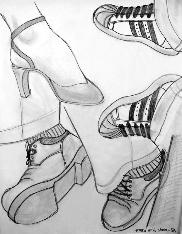 Charcoal art pencil drawing of various styles of shoes on people's feet by Chicano artist Roberto Valdes Sanchez.