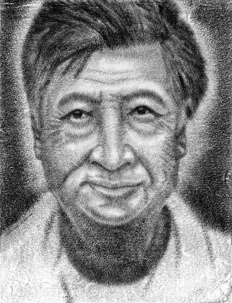 Charcoal art portrait drawing of Chicano labor leader and civil rights activist Cesar Chavez, drawn in black and white, with a halo of light surrounding his head.