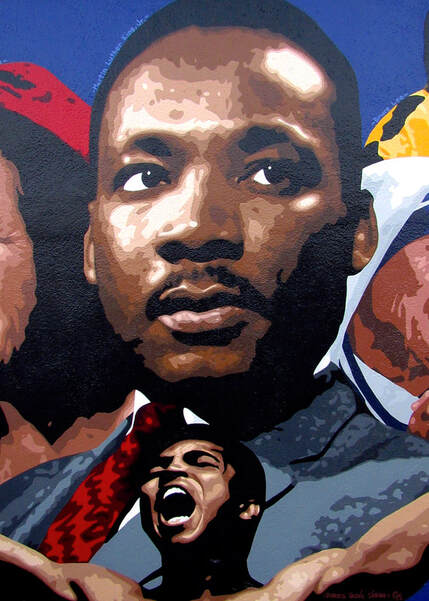 Mural art portrait painting of Afro-American civil rights leader Martin Luther King, Jr., looking to the right.