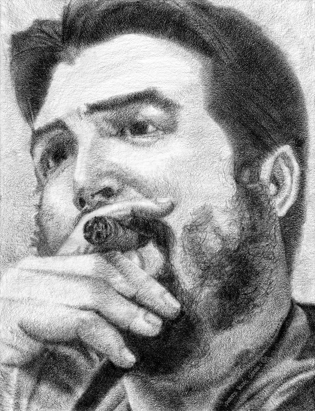 Black and white charcoal art portrait drawing of Argentinian revolutionary leader Ernesto Che Guevara, looking to the left and smoking a cigar.