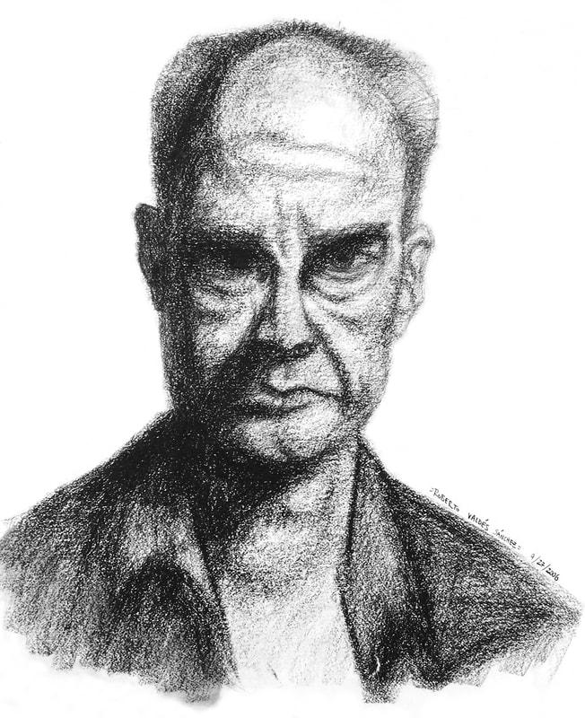 Black-and-white charcoal art portrait drawing of a grumpy old man, emphasizing the light and shadows of his face.