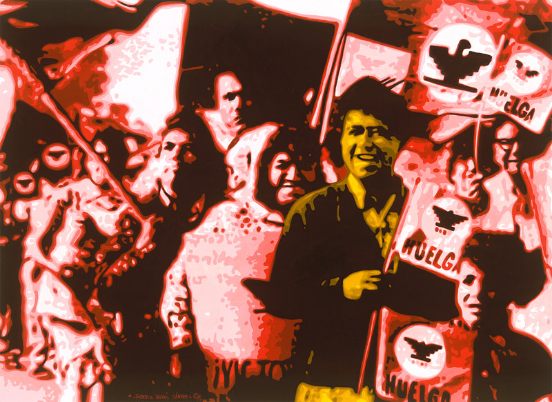 Gouache art painting of Chicano labor leader and civil rights activist Cesar Chavez, with a group of marchers, painted in various shades of red and gold.