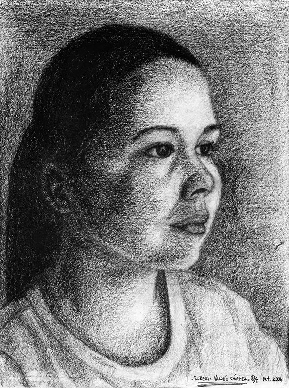 Black and white charcoal art portrait drawing of a young Chicana woman looking to the right and drawn from a 3/4 angle.