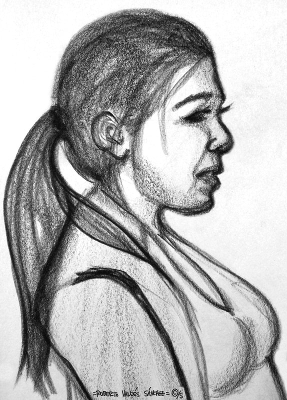 Black-and-white charcoal art portrait sketch drawing of a young Chicana woman’s upper body, drawn from a side-profile while in a sitting position and facing to the right.