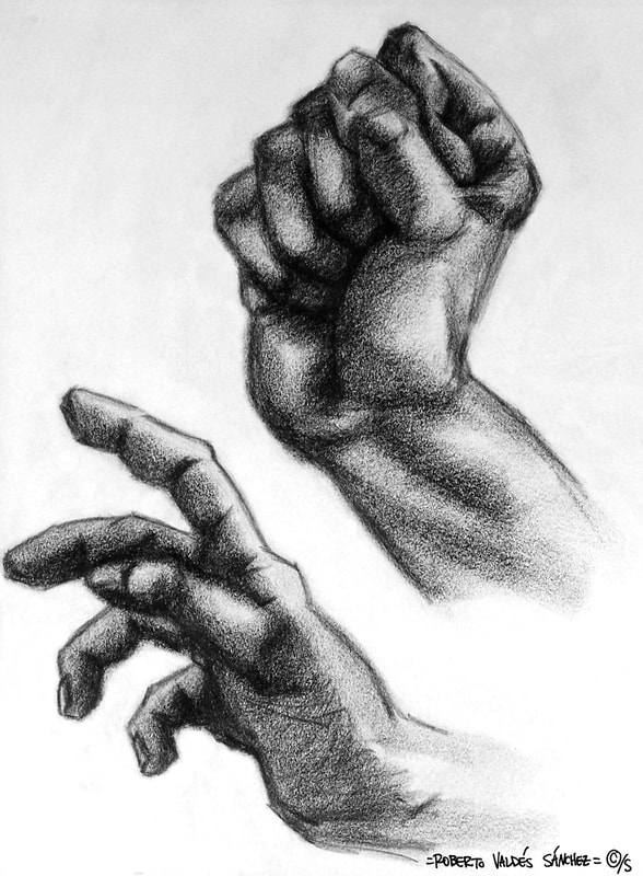 Black-and-white charcoal art drawing of two human hands – one making a fist and the other reaching out.