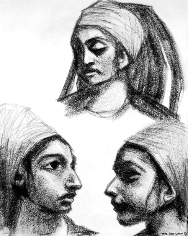 Black-and-white charcoal art portrait sketch drawings of a young woman's face in three different poses.