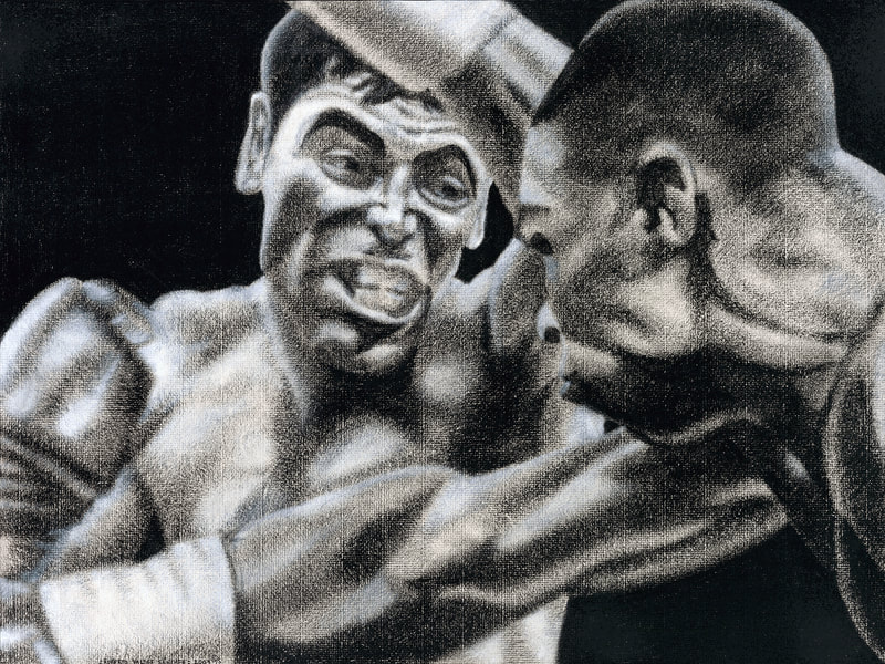 Black-and-white charcoal art drawing of boxer Oscar De La Hoya in action during a fight, his face snarling and disfigured as he throws a punch at his opponent.