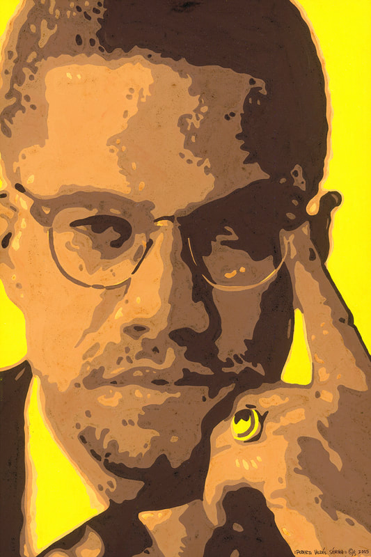 Gouache art portrait painting of Afro-American human rights activist Malcolm X, looking pensively at the viewer, painted in yellow and brown tones.