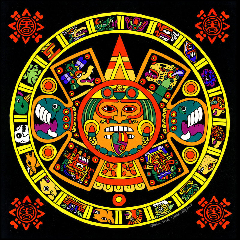 Gouache art painting of the inner circular design of the Mexica Sun Stone (Aztec Calendar), painted in a yellow analogous split complimentary color scheme.