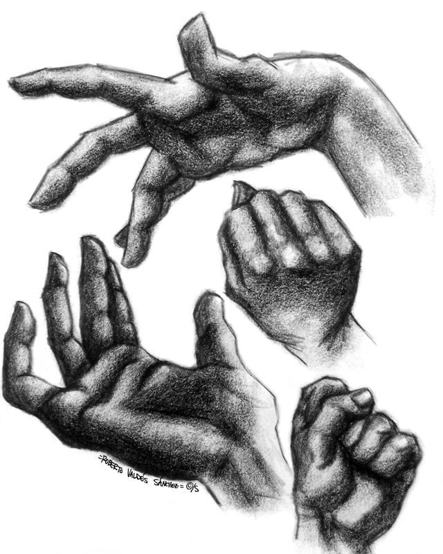 Black-and-white charcoal art drawing of several human hands in various positions and angles.