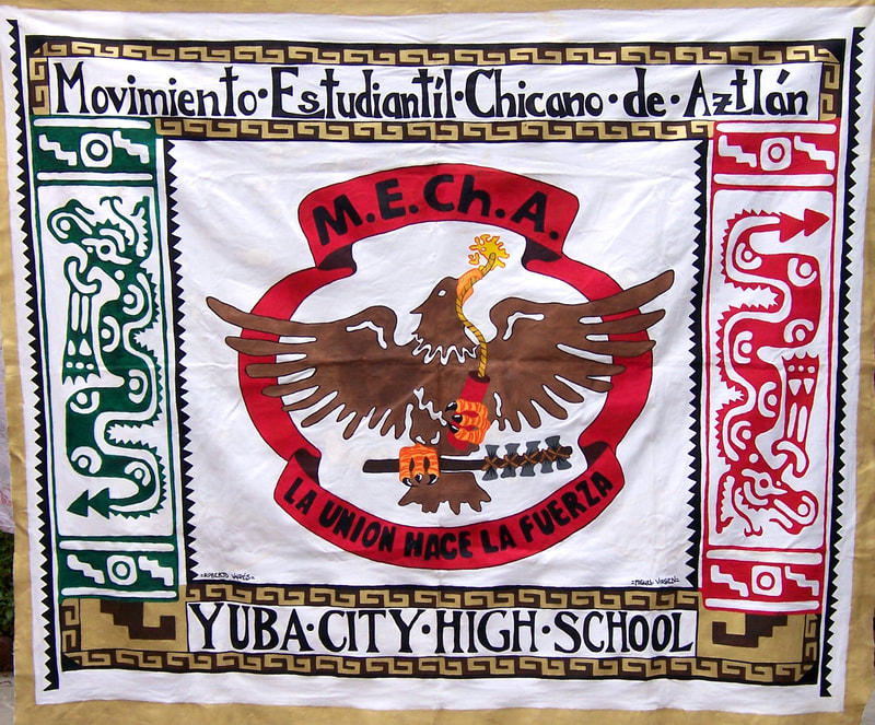 Banner design for the Yuba City High School M.E.Ch.A. chapter from Yuba City, California – featuring the M.E.Ch.A. logo surrounded by indigenous Meso-American motifs in the colors of the Mexican flag.