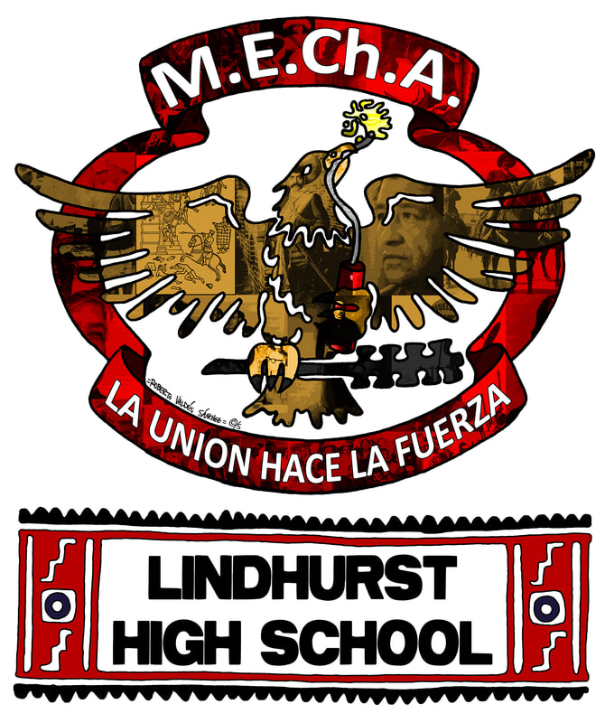 Computer art design for the Lindhurst High School M.E.Ch.A. chapter from Olivehurst, California – featuring a collage of images from throughout Chicano history contained within the M.E.Ch.A. emblem.