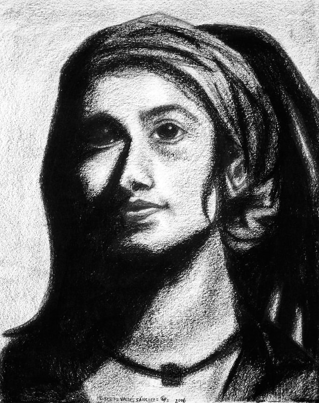 Black-and-white charcoal art portrait drawing of a Brown woman with a head scarf, containing a strong source of light to emphasize the light and shadows on her face.