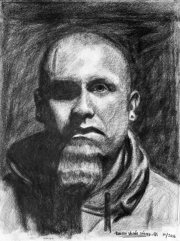 Black-and-white charcoal art portrait drawing of a bald man with a thick goatee, containing a strong source of light to emphasize the light and shadows on his face.