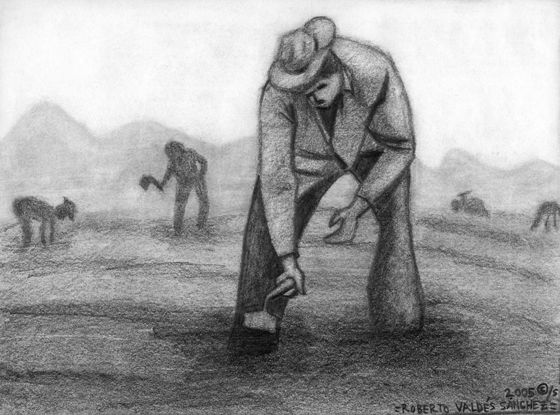 Black-and-white charcoal art sketch drawing of farmworkers laboring in the fields, using a short-handled hoe and bending down.