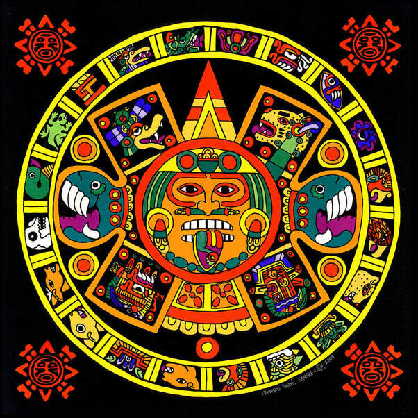 Gouache art painting of the inner circular design of the Mexica Sun Stone (Aztec Calendar), painted in a yellow analogous split complimentary color scheme.