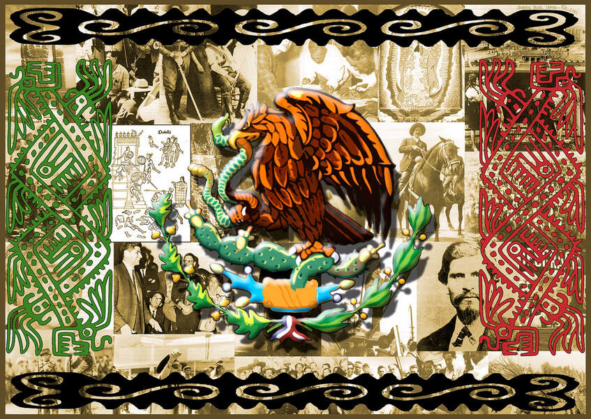 Computer art design of a Mexican flag, with a collage of historical images in the background.