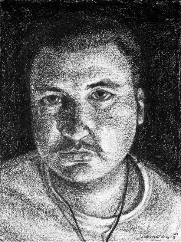 Black-and-white charcoal art portrait drawing the artist, containing a strong source of light to emphasize the light and shadows on his face.