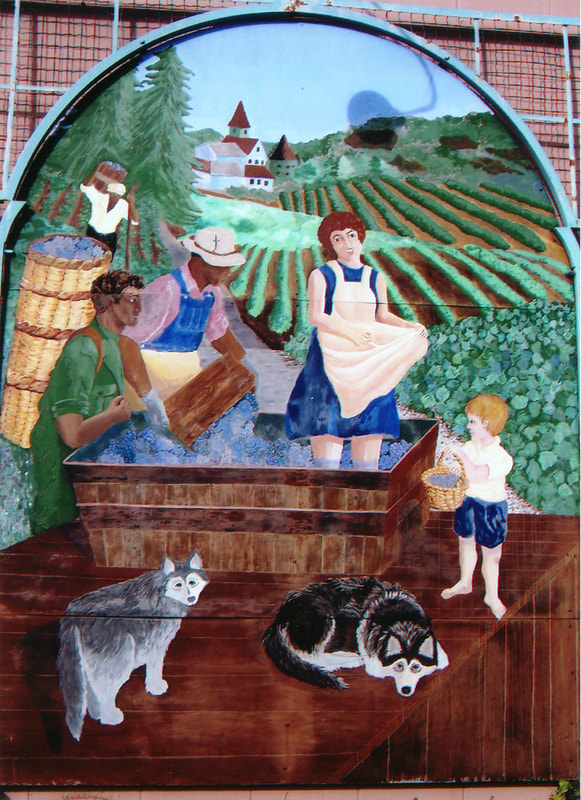 Mural art painting of workers harvesting grapes for winemaking, with scenic vineyard fields in the background.